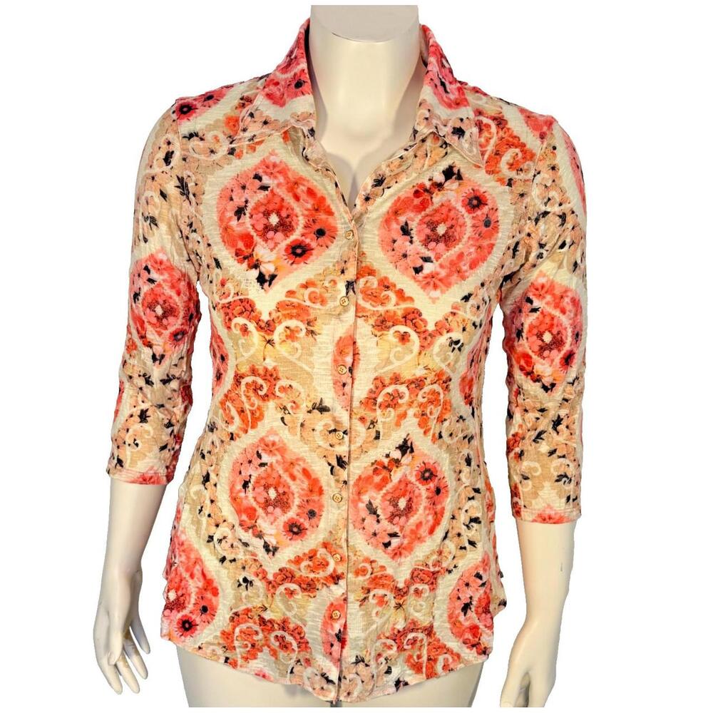 DAVID CLINE Blouse Women XL Pink Snap Front Floral Collared